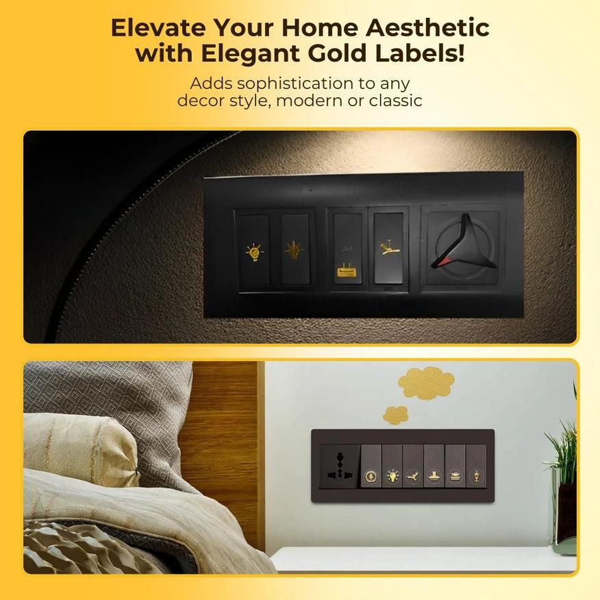 Elegant gold decorative light switch stickers on black switch panels enhancing home aesthetic