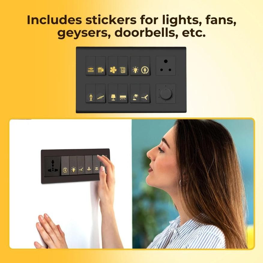 THE GIR FARMER decorative light switch stickers with icons for lights fans geysers and doorbells on black panel