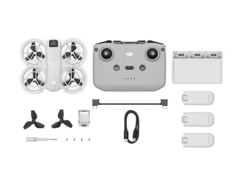 DJI Neo Fly More Combo with drone, remote control, extra batteries, and accessories for aerial photography