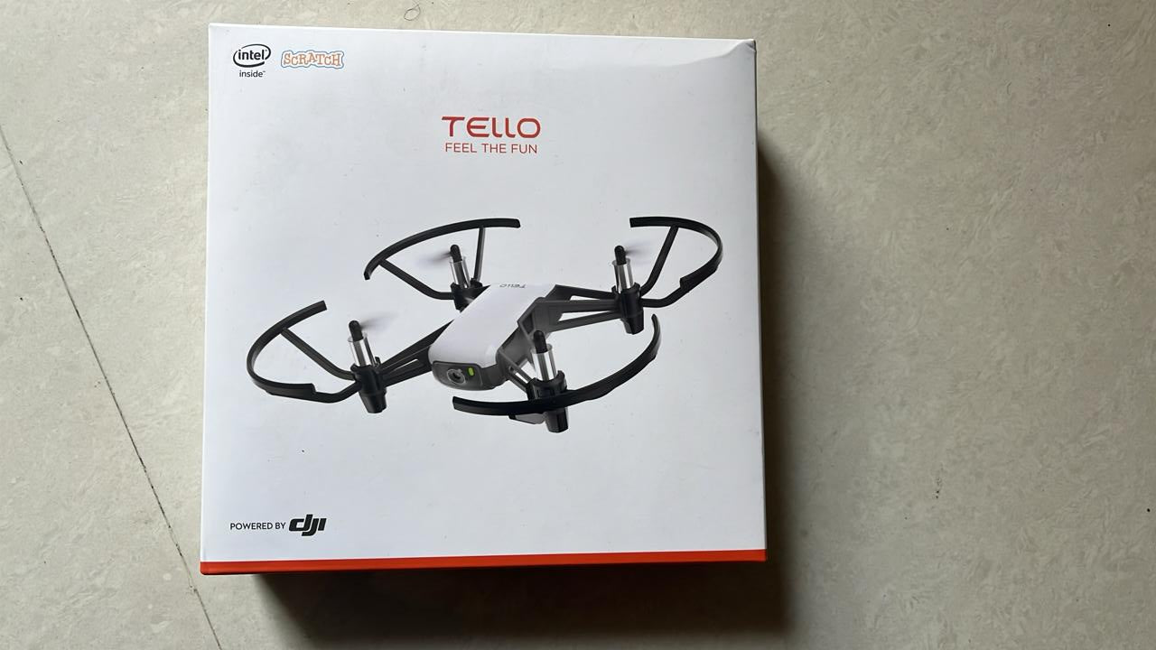 DJI Tello drone camera packaging featuring a compact design for fun aerial photography and video.