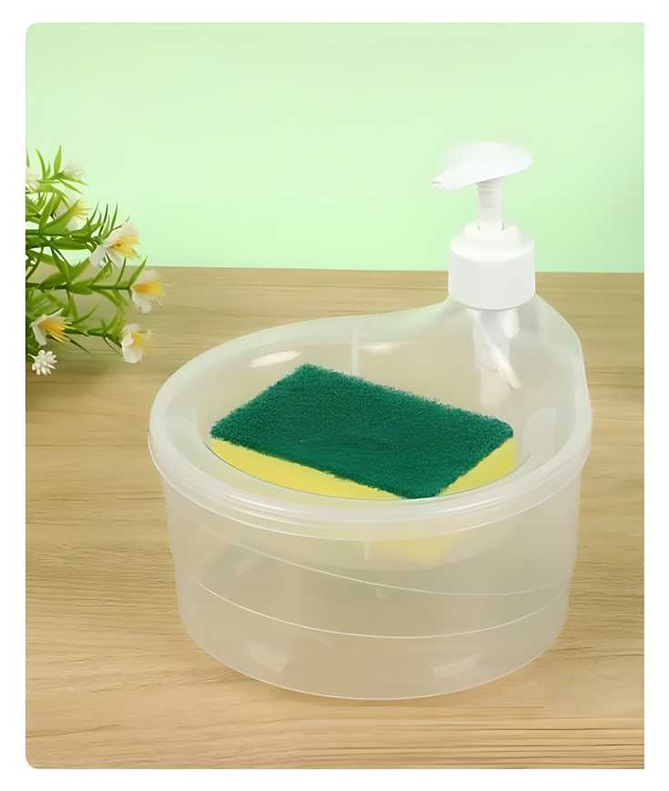 Transparent liquid soap dispenser for dishwashing with integrated sponge holder on wooden surface