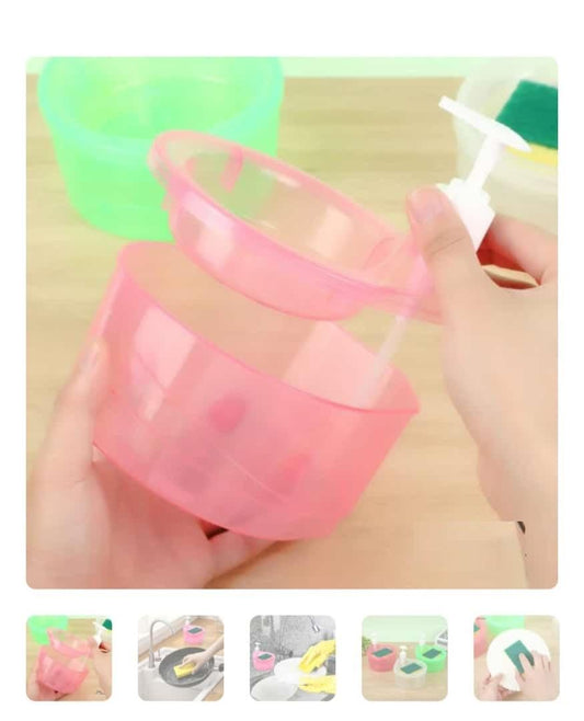 Pink liquid soap dispenser for dishwashing being used to fill a container with soap