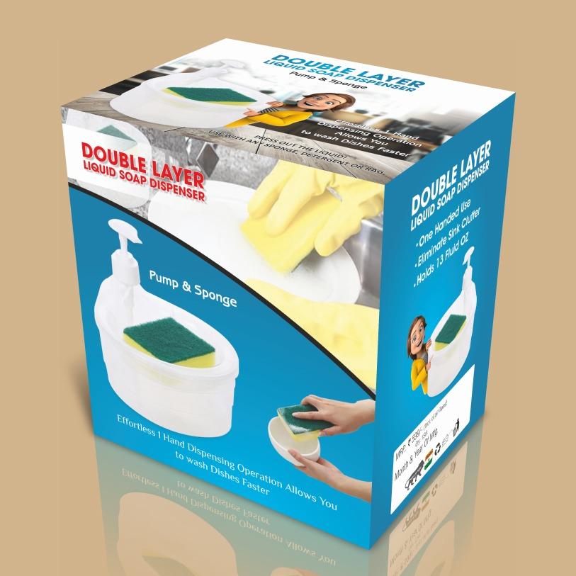 Double layered liquid soap dispenser for dishwashing with pump and sponge holder by The Gir Farmer