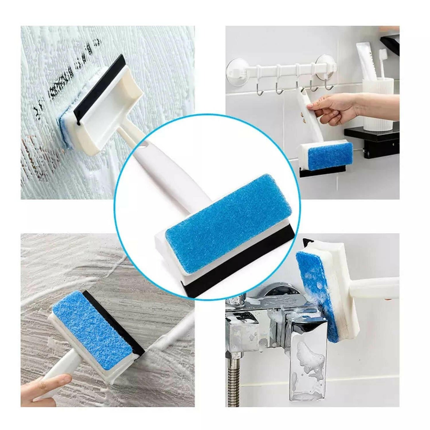 Double sided glass wiper for easy cleaning of windows and mirrors in bathrooms and kitchens