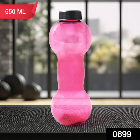 Pink dumbbell shape water bottle with a black cap for fitness enthusiasts