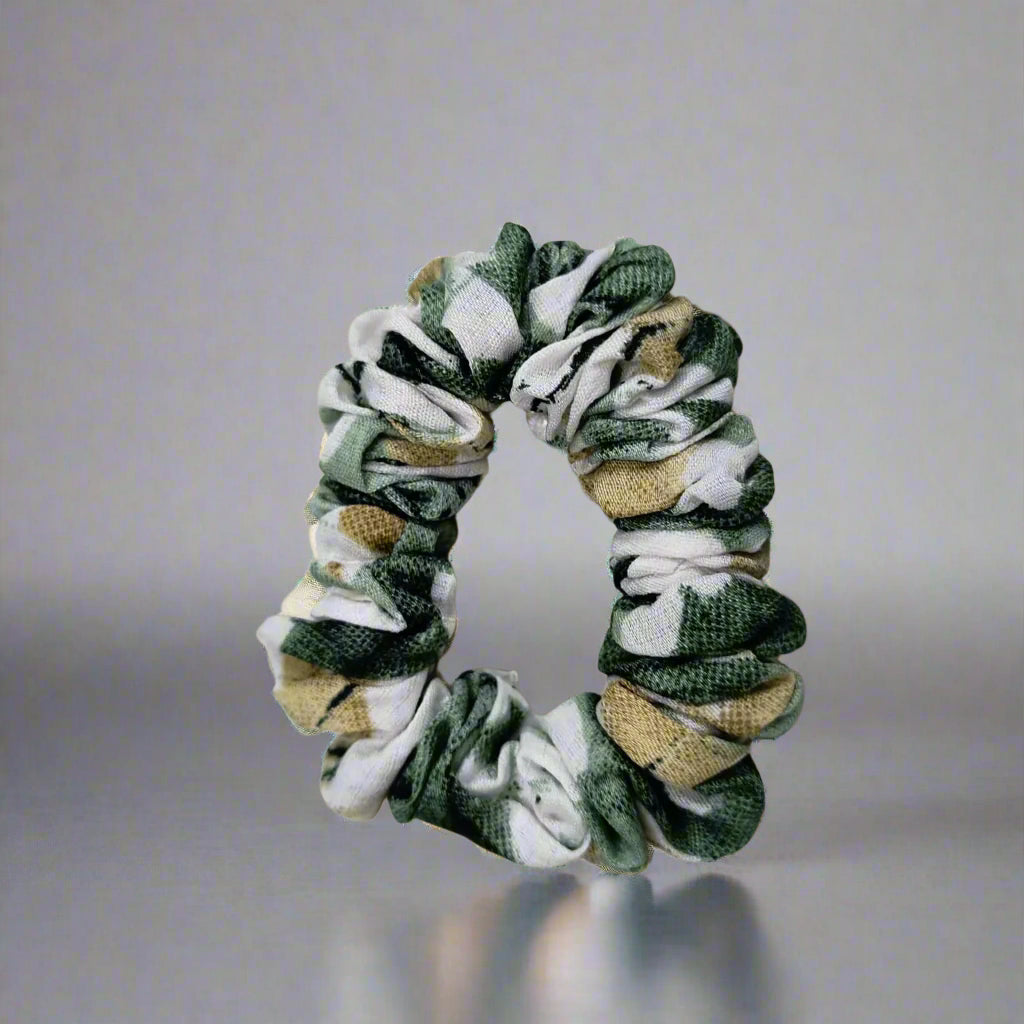 Durable printed hair accessories scrunchie in green white and beige camo pattern by Amd-Deodap