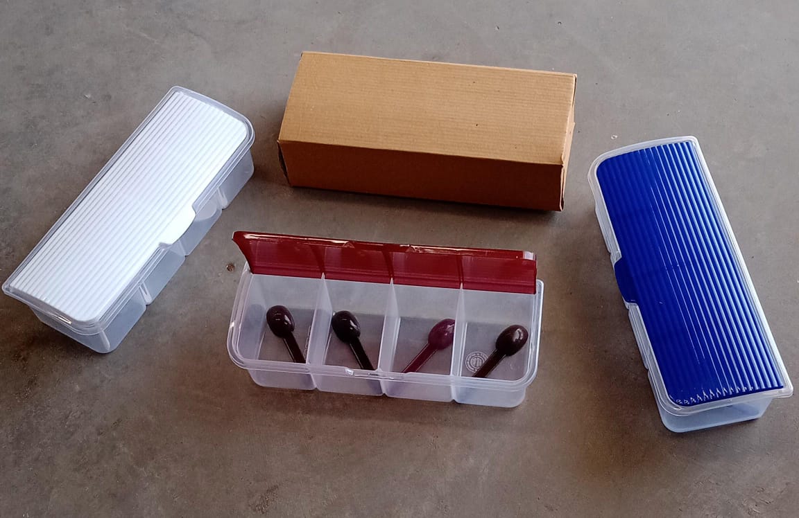 Kitchen Multipurpose Air-tight 4 Sections Storage Containers / Masala Box Pickle (Achar) Jar with 4 spoon for each section (1 Pc / Mix Color) Your Brand