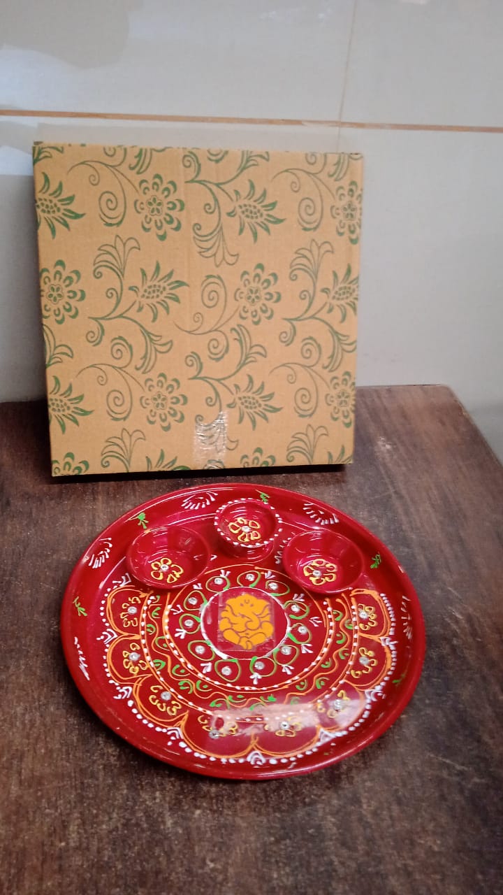 Hand-Painted Decorative Pooja Thali with Ganesha Motif and Diyas Your Brand