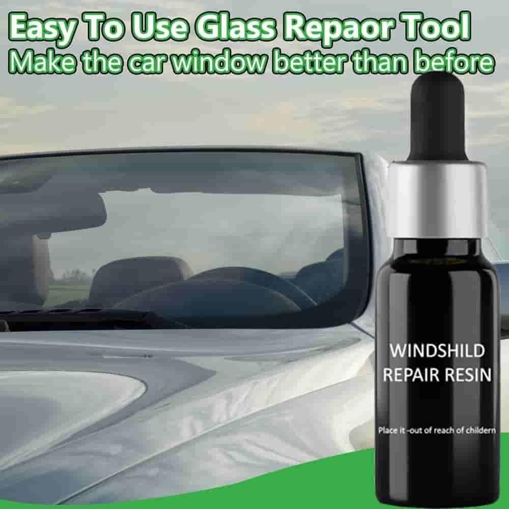 Easy home glass repair solution with windshield repair resin bottle and car window shown