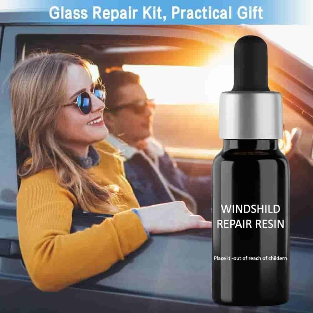 Windshield repair resin bottle next to smiling woman in car showcasing easy home glass repair solution
