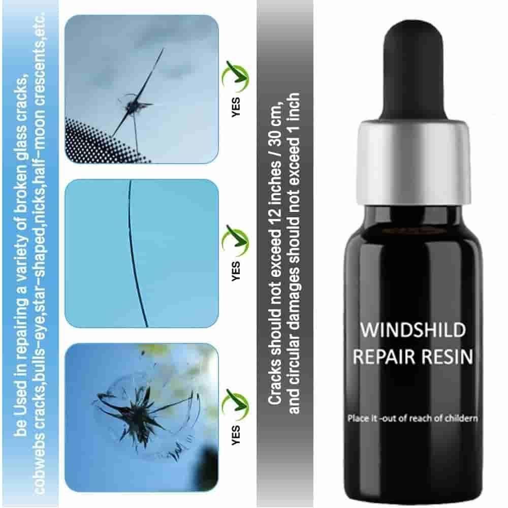 The Gir Farmer easy home glass repair solution windshield repair resin bottle with examples of fixed cracks and chips