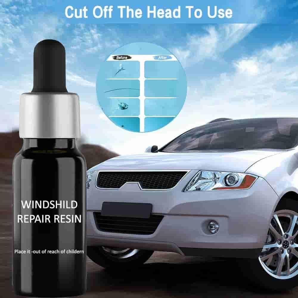 The Gir Farmer windshield repair resin bottle and car showing before and after cracks as an easy home glass repair solution