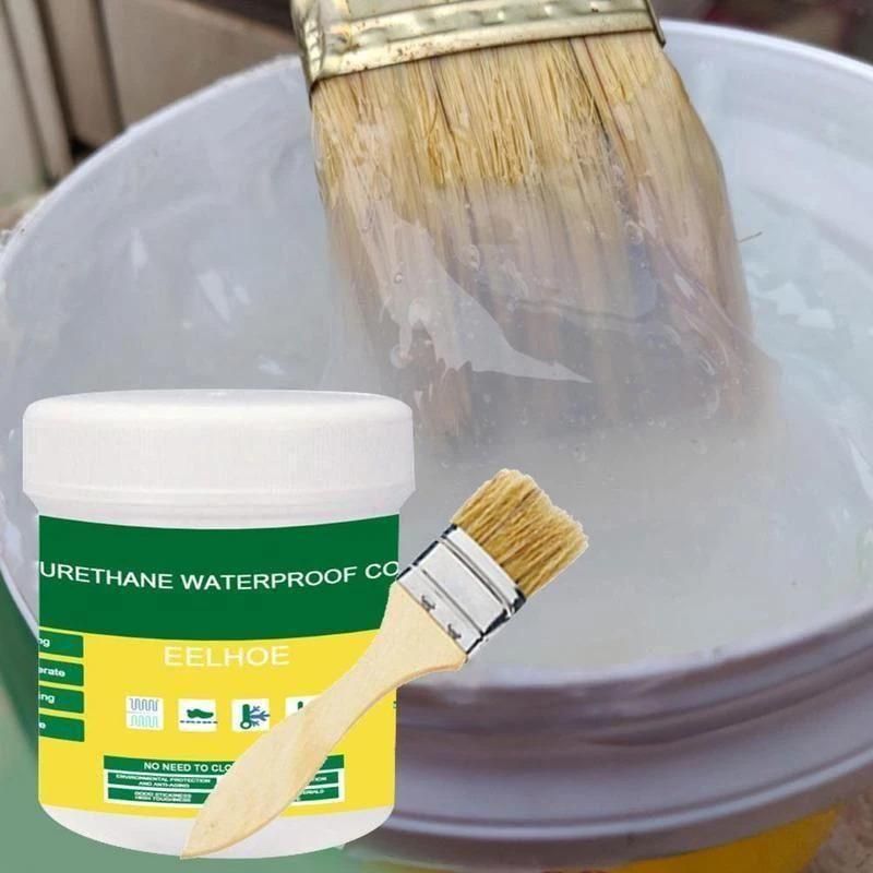 Waterproof adhesive for home repairs container with paintbrush applying adhesive on surface