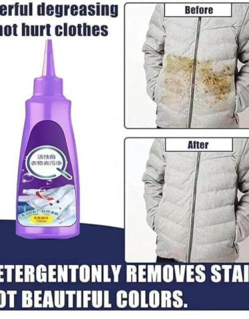 Dropdash effective clothes stain cleaner in a purple bottle, showing before and after stain removal results