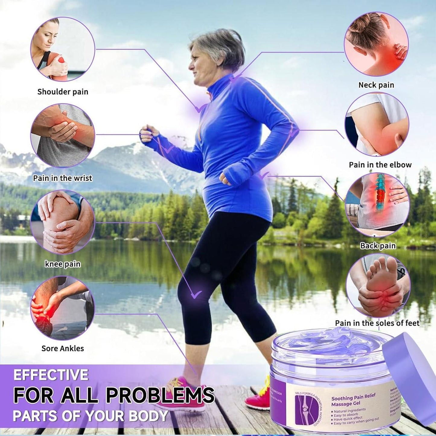 Soothing pain relief gel for all body parts, including back, neck, and knee, with a user demonstrating relief outdoors