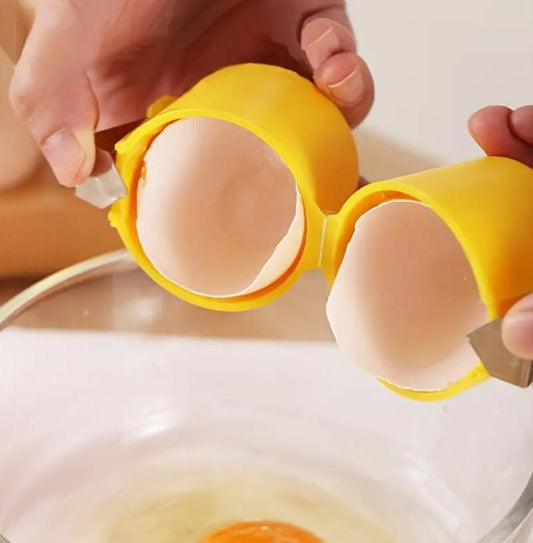Yellow egg topper cutter tool cracking an egg shell over a glass bowl for easy egg opening