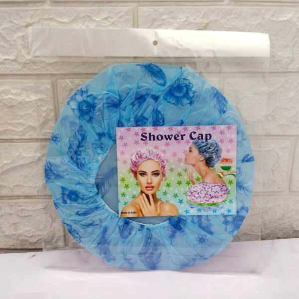 Amd-Deodap blue elastic band shower cap for long hair with floral design in packaging