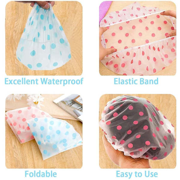 Elastic band shower cap for long hair with waterproof foldable polka dot design in multiple colors