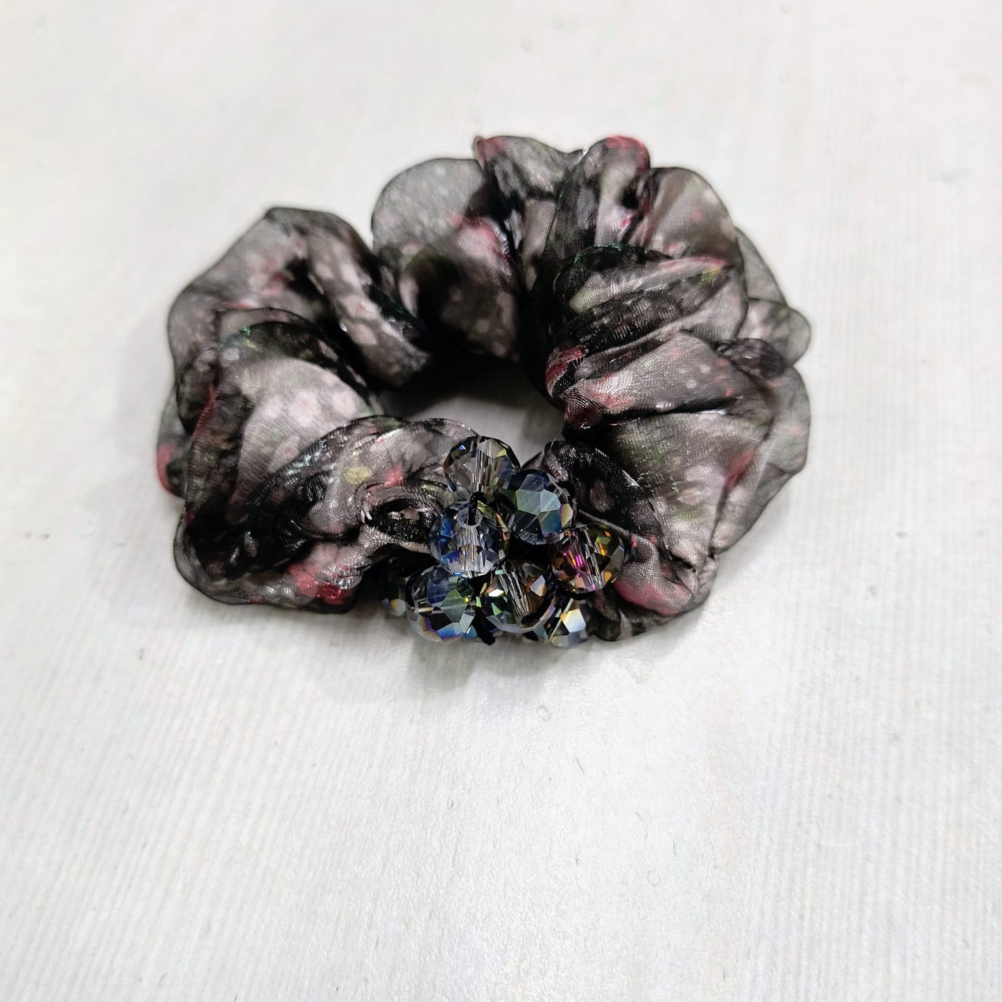Black floral chiffon elastic hair tie for women with decorative beads
