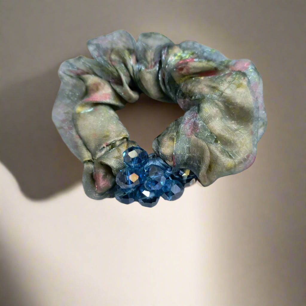 Floral hair scrunchie with blue bead accents elastic hair tie for women