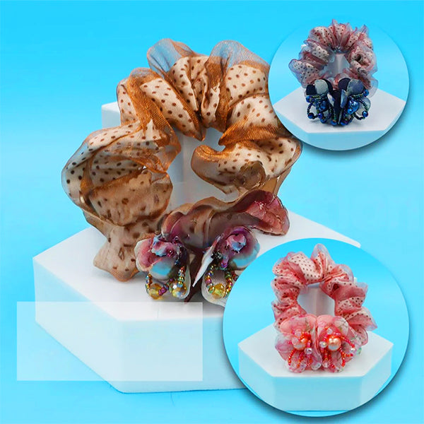 Elastic hair tie for women featuring polka dot sheer scrunchies with floral and beaded embellishments