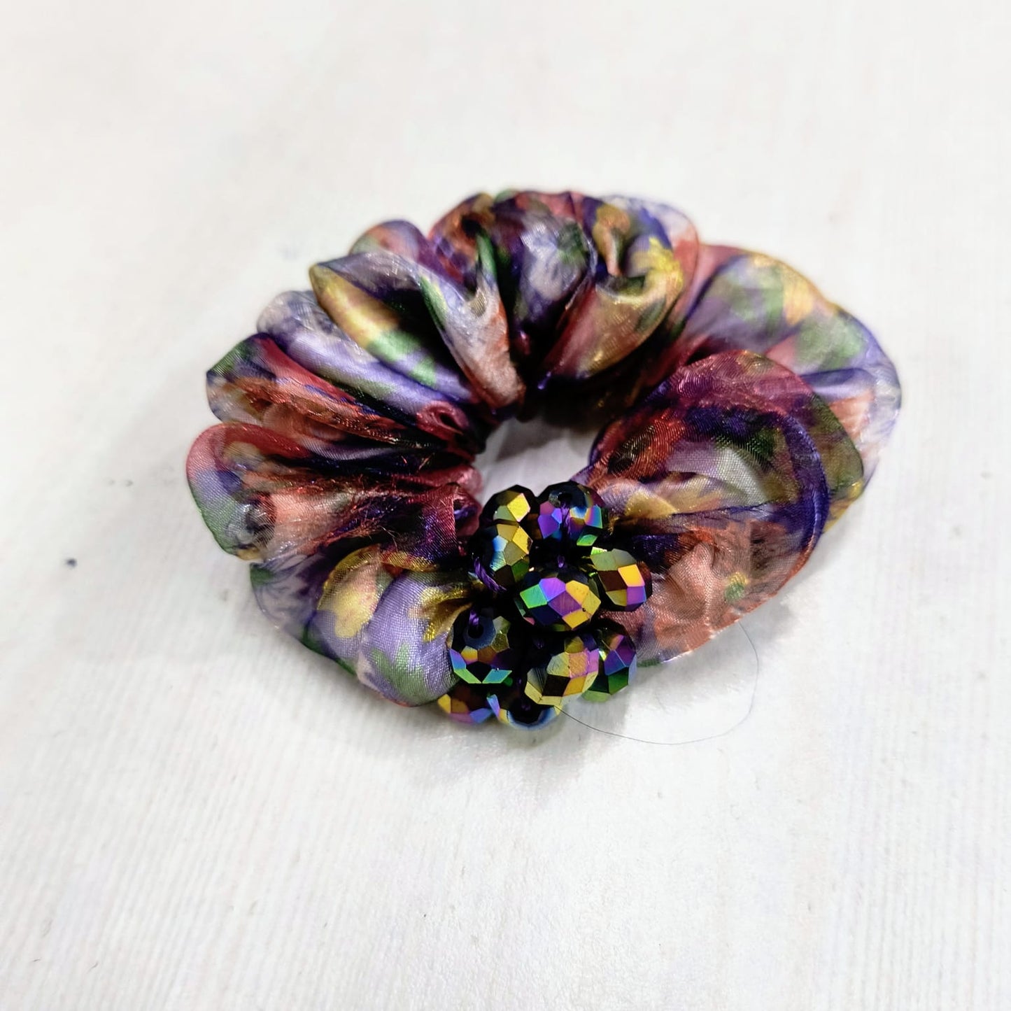 Colorful floral hair scrunchie with beads elastic hair tie for women