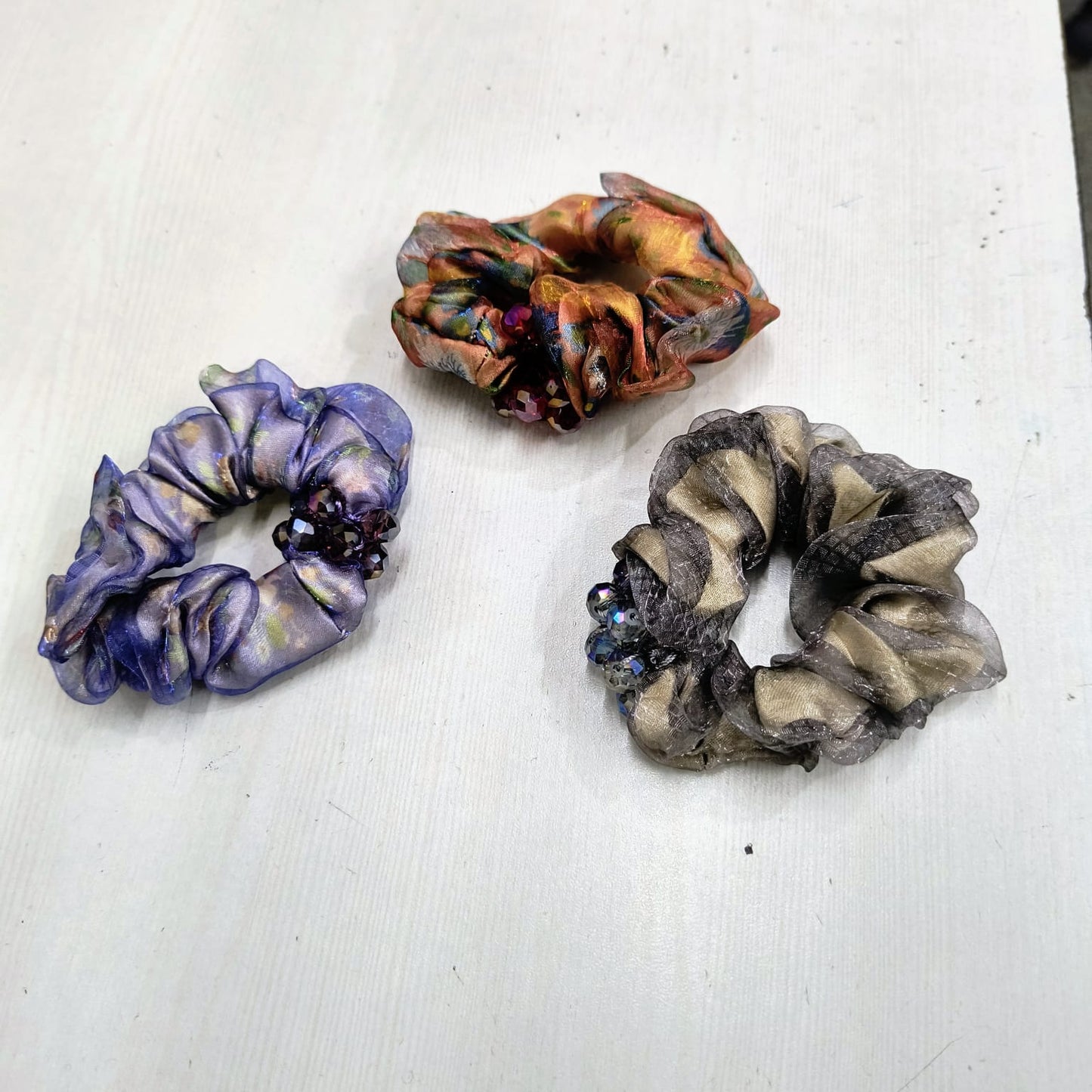 Elastic hair tie for women set with three colorful floral patterned hair scrunchies