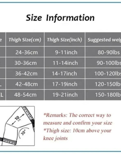 Size information chart for elastic sports kneepad with thigh measurements and suggested weight guidelines