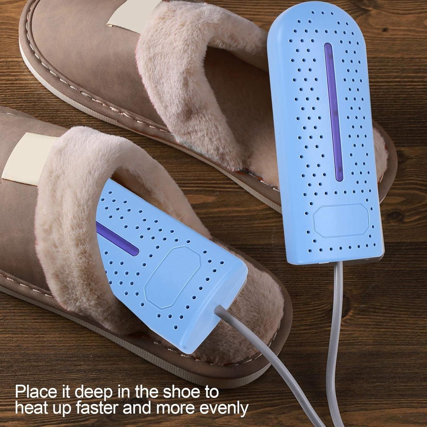 Electric shoe dryer placed inside a cozy slipper for efficient drying and heating