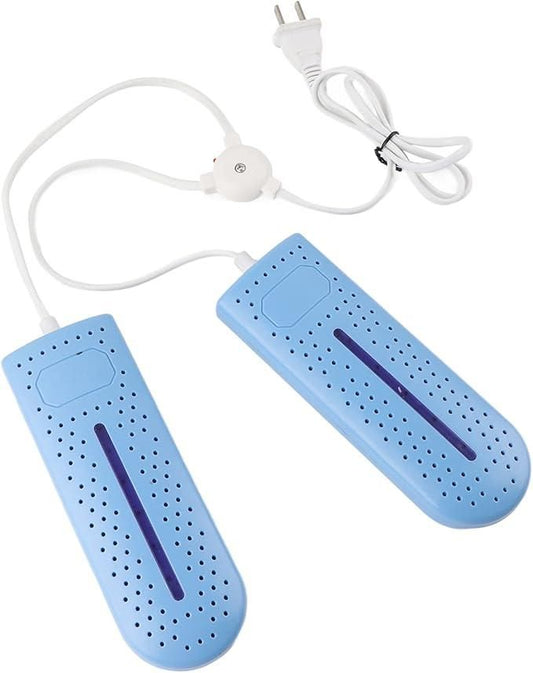 Electric shoe dryer in blue color with perforated design for efficient moisture removal