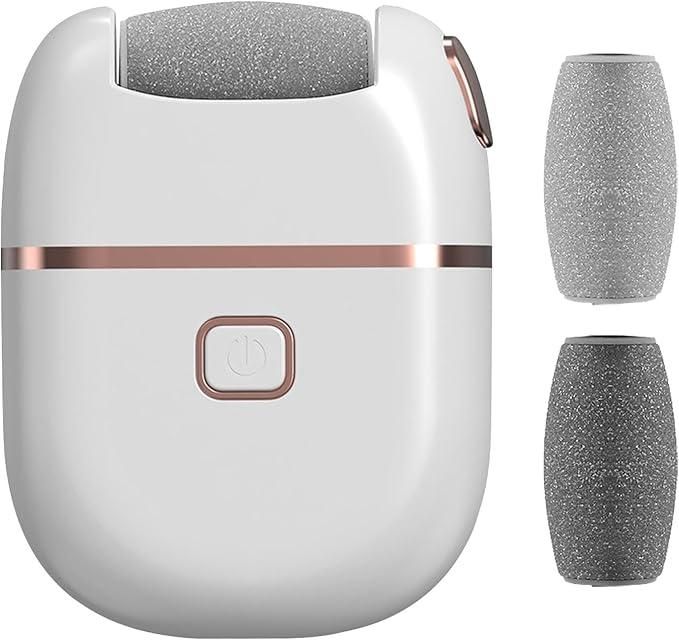 White and rose gold electronic pedicure tool with two interchangeable gray roller heads