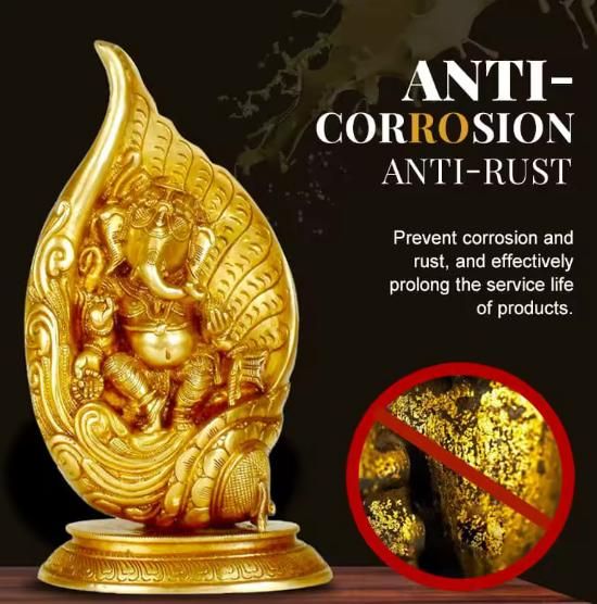 Gold ornamental statue with anti corrosion label showing rust prevention using water-based glitter bronzing paint