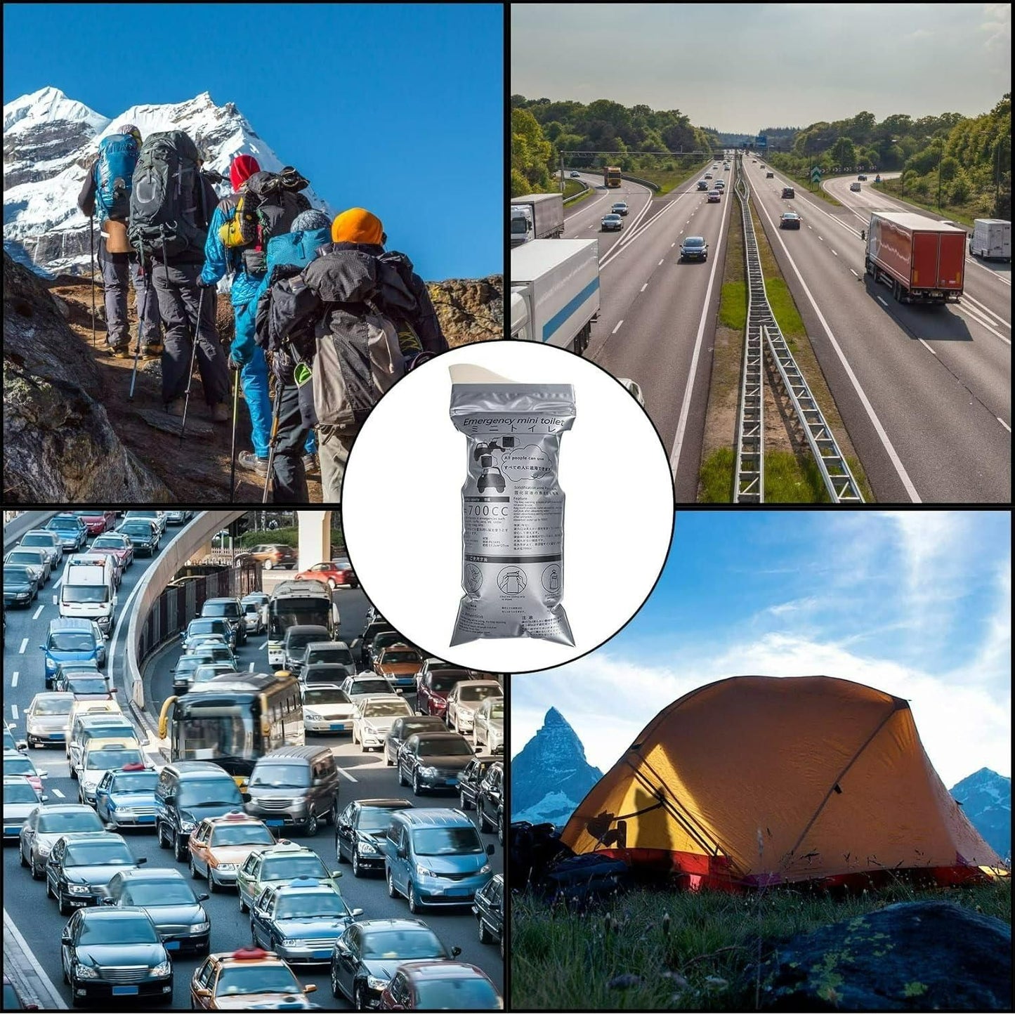 THE GIR FARMER outdoor camping disposable toilet solution with images of hiking, highway, traffic jam, and camping tent