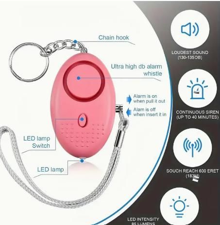 Pink emergency safety keyring with ultra high db alarm whistle, LED lamp, and chain hook