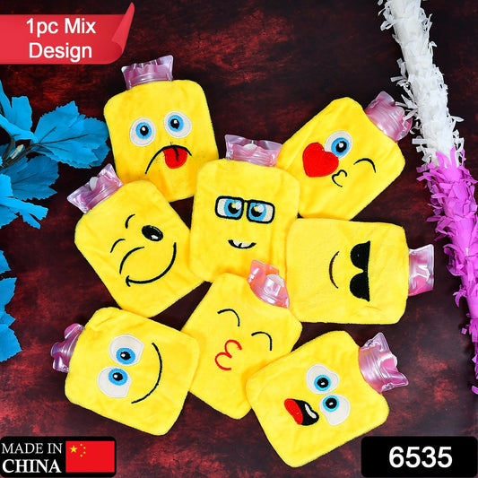 Assorted emoji mini hot water bags in bright yellow featuring various facial expressions for comfort and warmth