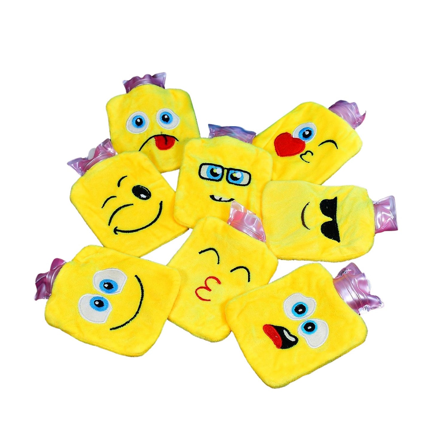 Emoji mini hot water bag set featuring various smiley faces for comfort and warmth