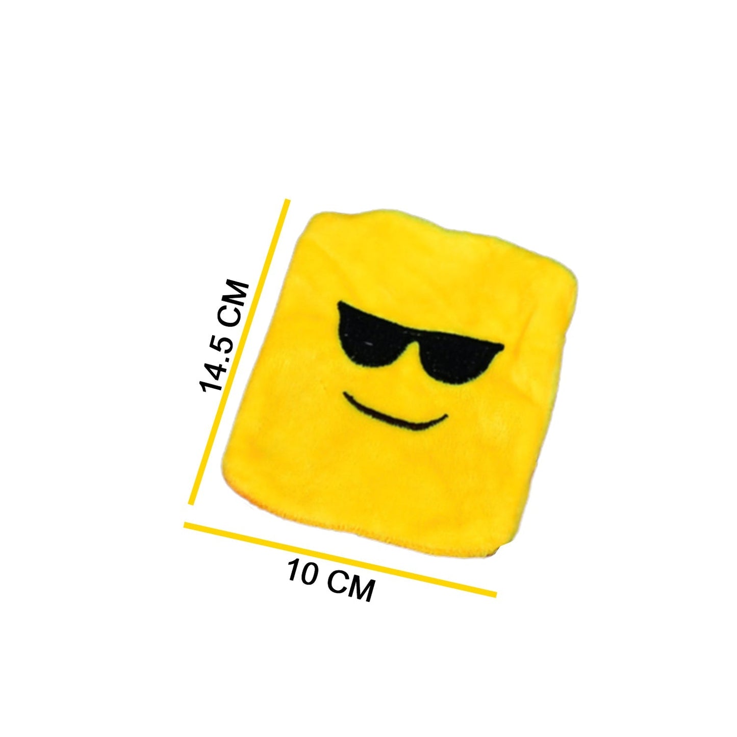 Emoji mini hot water bag in bright yellow with a cool sunglasses smiley face design