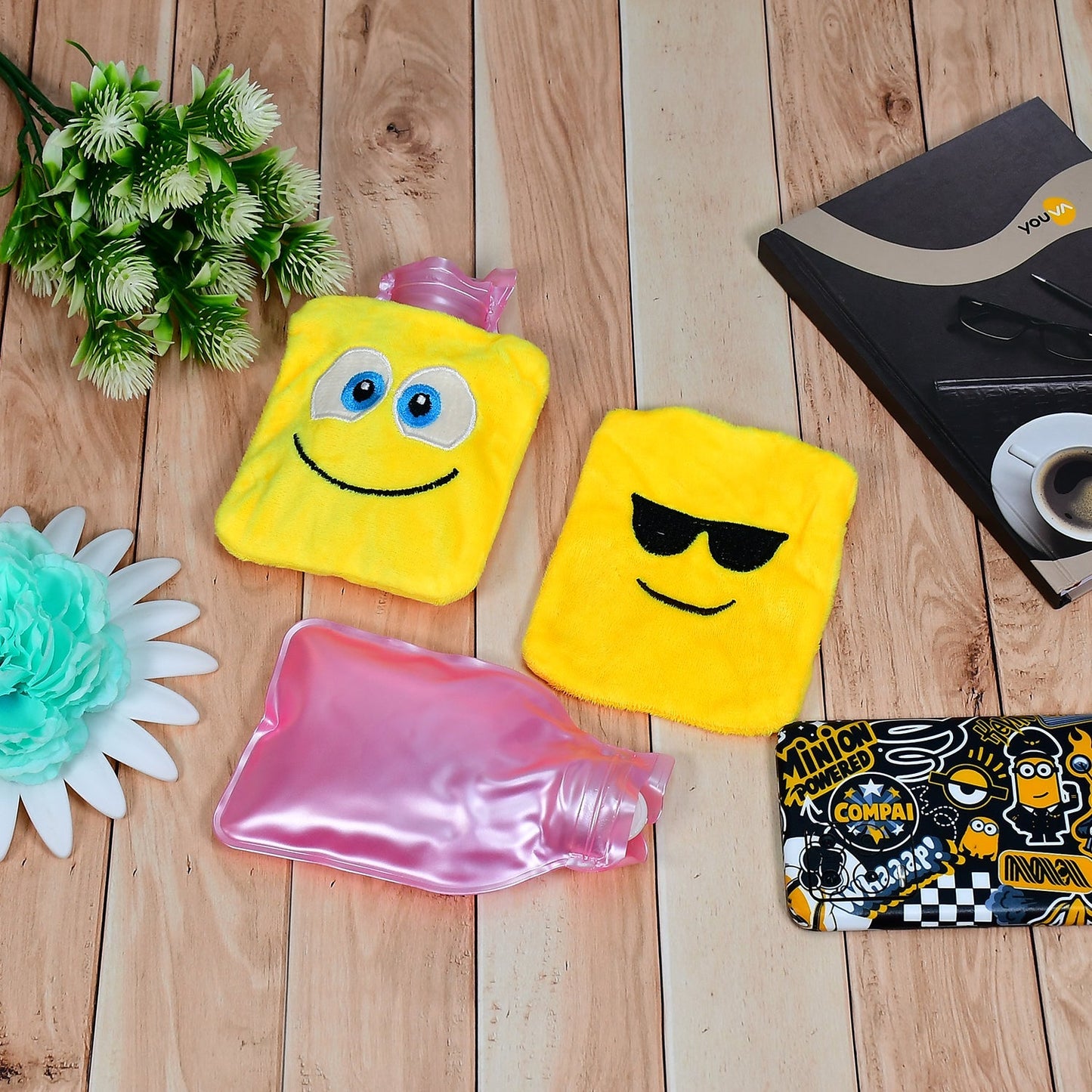 Emoji mini hot water bag in yellow with smiley face design for warmth and relaxation