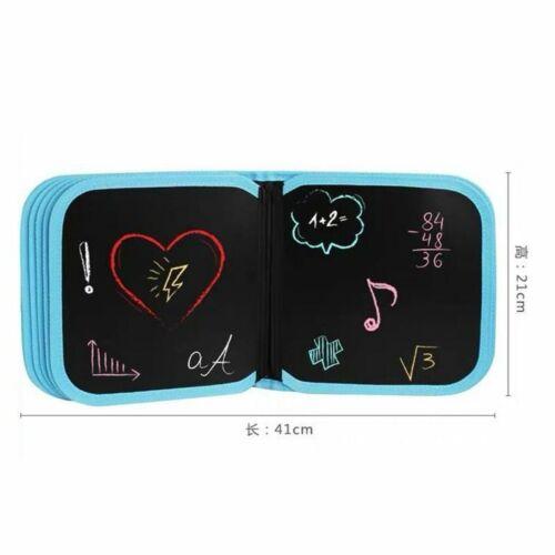 Colorful erasable doodle slate for kids with drawings and math equations on a black surface