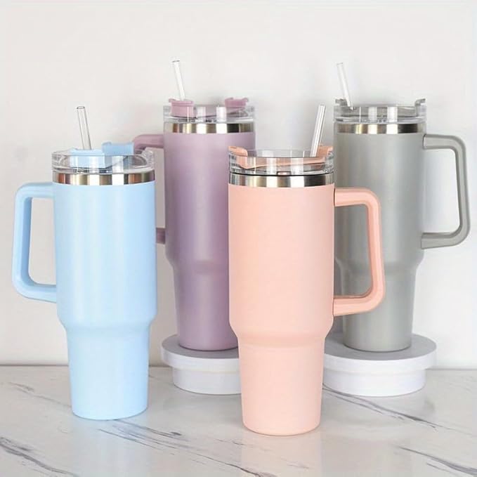 The Gir Farmer pastel insulated sipper bottle with straw set of four tall handled tumblers in blue pink purple gray
