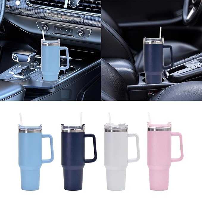 The Gir Farmer insulated sipper bottle with straw in light blue navy white and pink shown in car cup holders and lineup