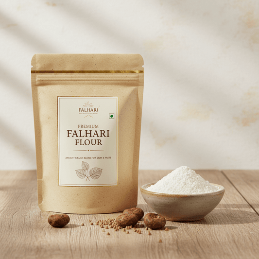Premium Falhari Flour by The Gir Farmer in a brown pouch with a bowl of flour and stone fruits