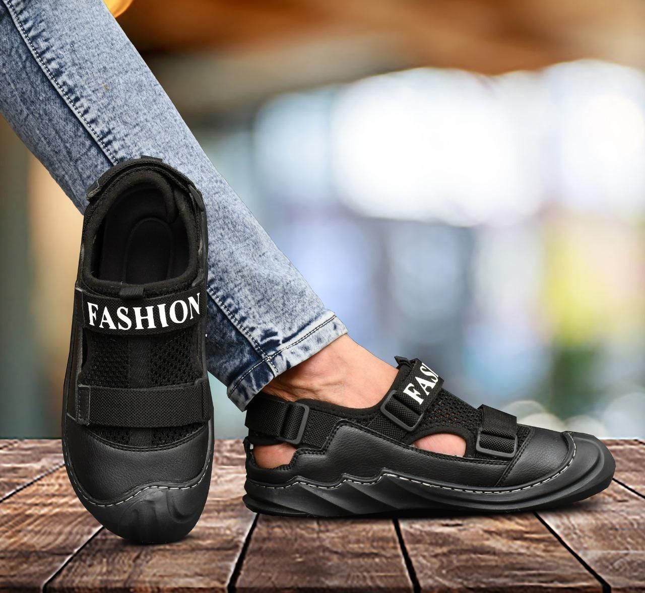 Black breathable sandals for all day wear by The Gir Farmer with adjustable straps and cushioned sole