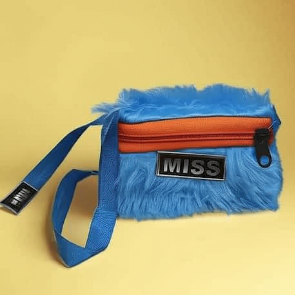 Amd-Deodap blue fashionable fur shoulder bag for girls with orange zipper and MISS patch