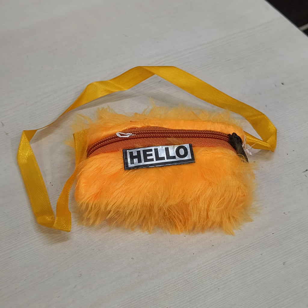 Fashionable fur shoulder bag for girls in bright orange with yellow strap and Hello patch