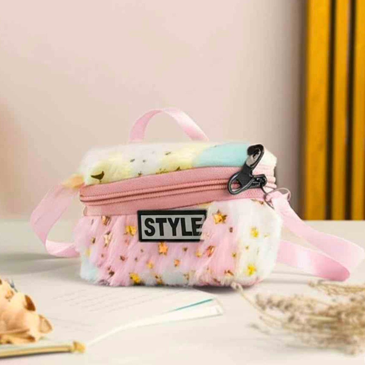 Amd-Deodap fashionable fur shoulder bag for girls in pink with star patterns and zipper closure