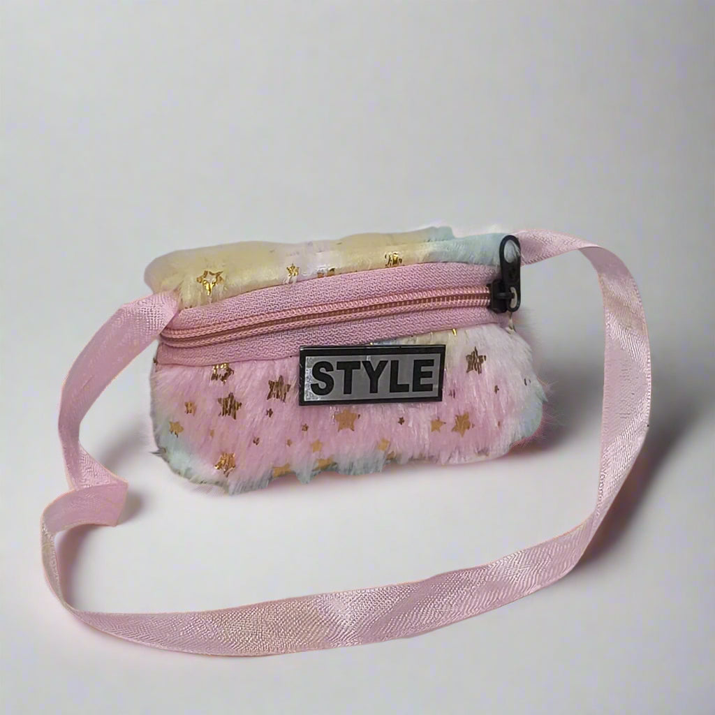 Fashionable fur shoulder bag for girls in pastel colors with star patterns and pink strap