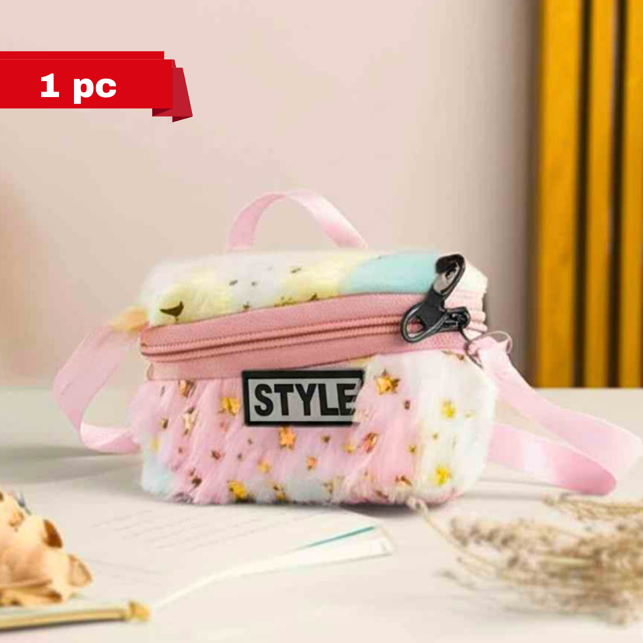 Fashionable fur shoulder bag for girls in pastel colors with star details and pink strap
