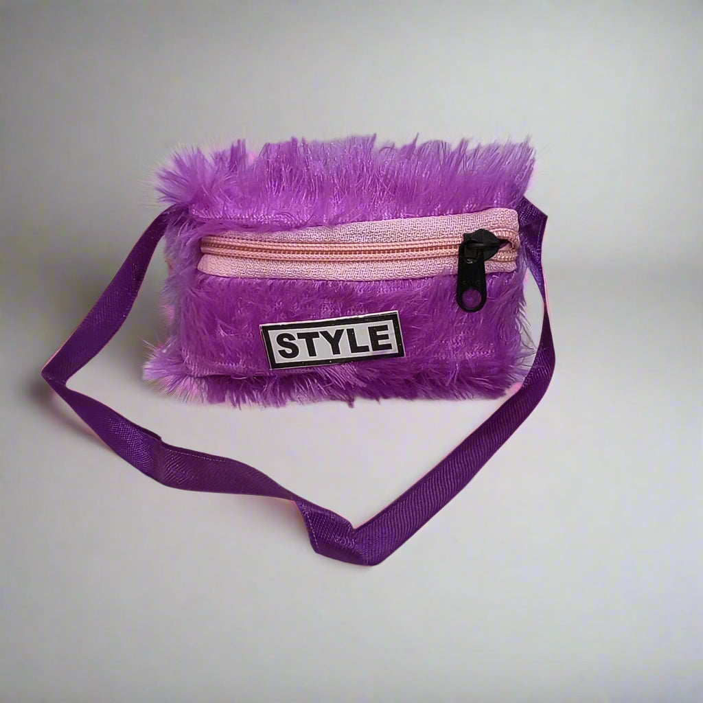Purple fashionable fur shoulder bag for girls with zipper and style patch by Amd-Deodap