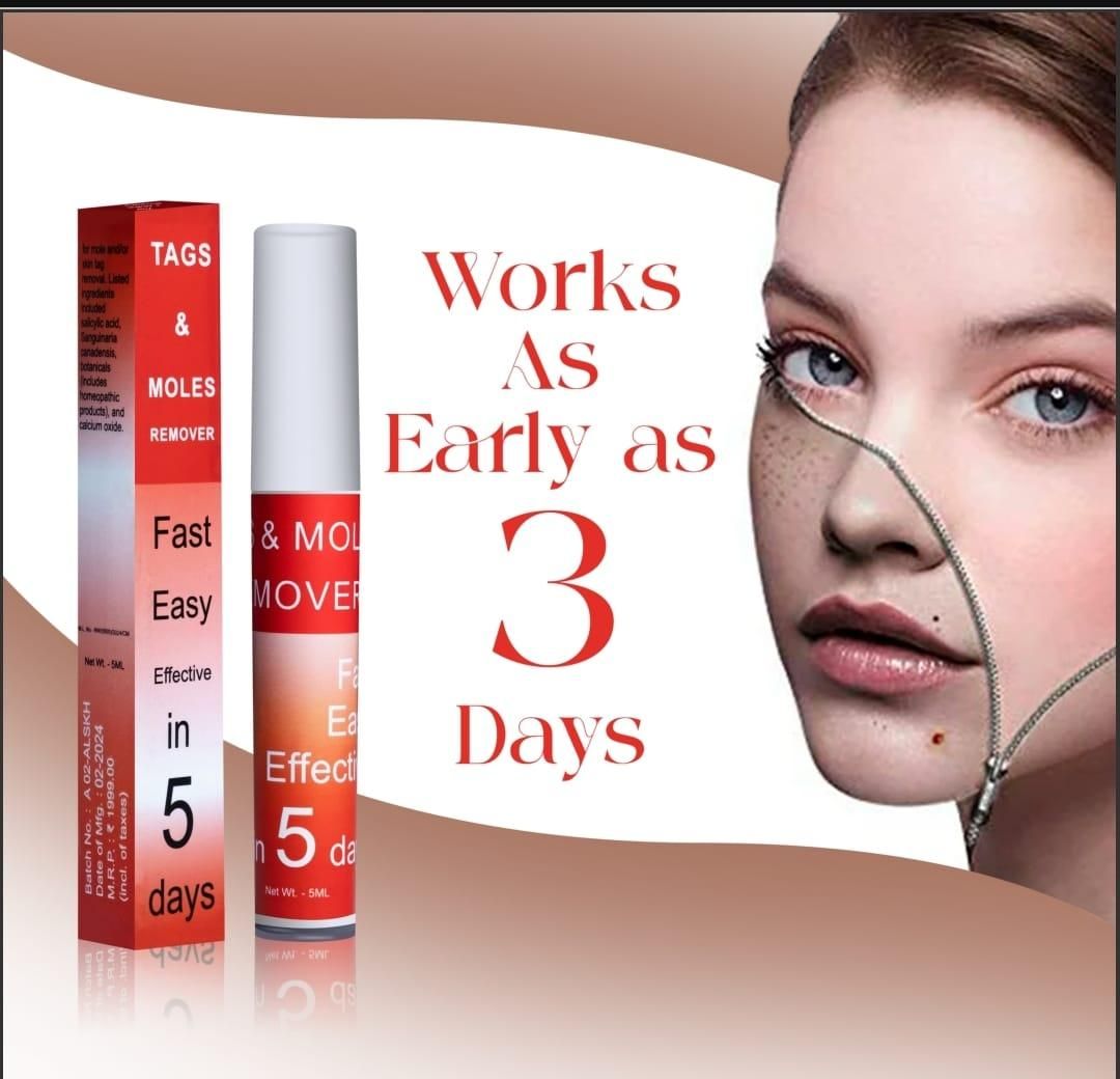 Fast acting tag and mole remover with clear bottle and packaging shown next to a woman's face with visible moles